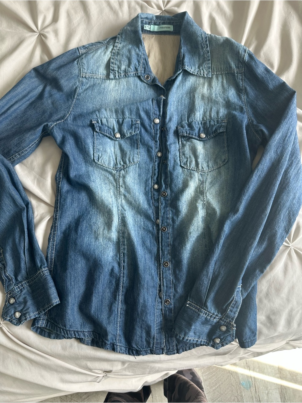Maurices Light Blue Denim Shirt with Striped Lining